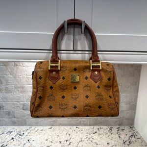 MCM EUC Visetos Boston Brown Leather Handbag